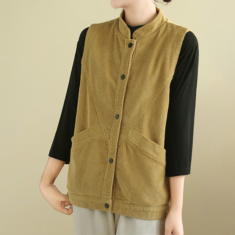 Buddha Stones Plain Sleeveless Women's Cotton Vest Corduroy Waistcoat With Pockets - image 16