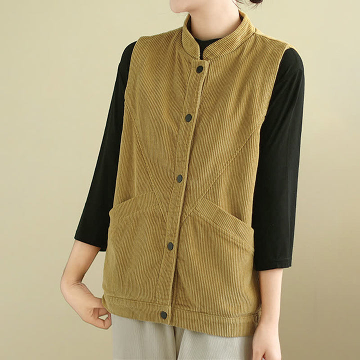 Buddha Stones Plain Sleeveless Women's Cotton Vest Corduroy Waistcoat With Pockets - image 16