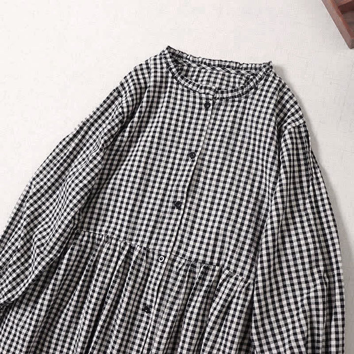 Buddha Stones Long Sleeve Plaid Simple Buttons Ruffled Design Midi Dress With Pockets - image 8