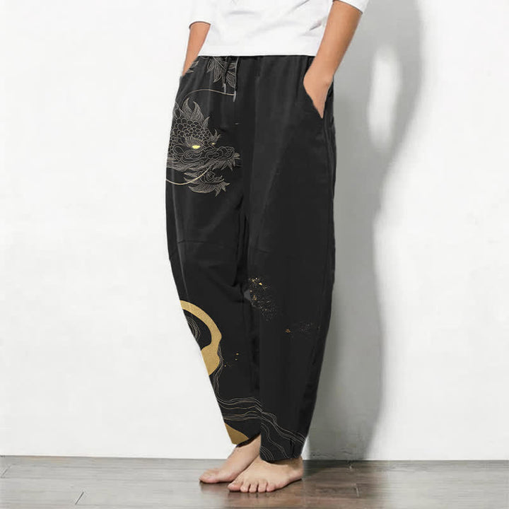 Buddha Stones Pure Cotton Golden Dragon Cloud Wave Pattern Drawstring Men's Tapered Pants With Pockets - image 1