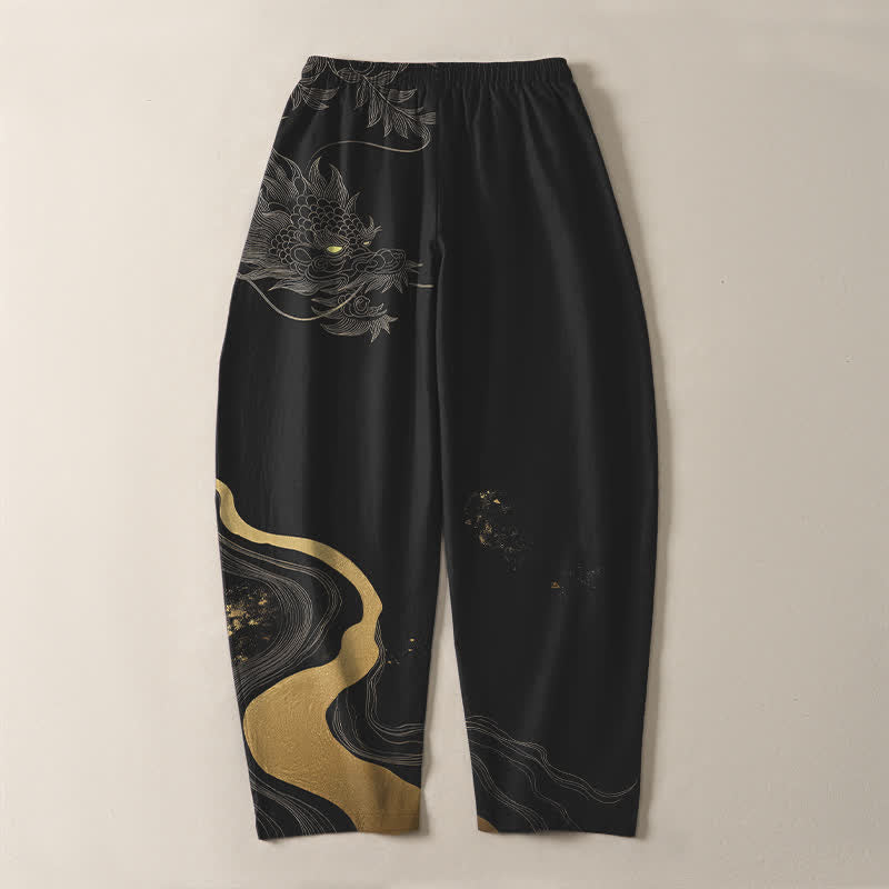 Buddha Stones Pure Cotton Golden Dragon Cloud Wave Pattern Drawstring Men's Tapered Pants With Pockets - image 3