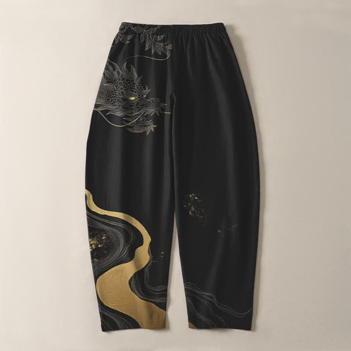 Buddha Stones Pure Cotton Golden Dragon Cloud Wave Pattern Drawstring Men's Tapered Pants With Pockets - image 3