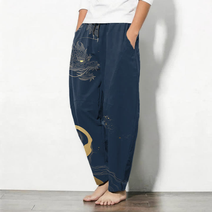 Buddha Stones Pure Cotton Golden Dragon Cloud Wave Pattern Drawstring Men's Tapered Pants With Pockets - image 8