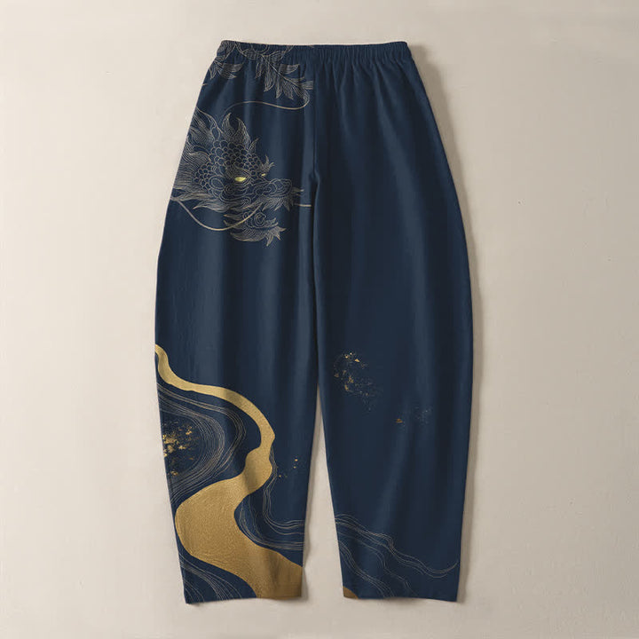 Buddha Stones Pure Cotton Golden Dragon Cloud Wave Pattern Drawstring Men's Tapered Pants With Pockets - image 10