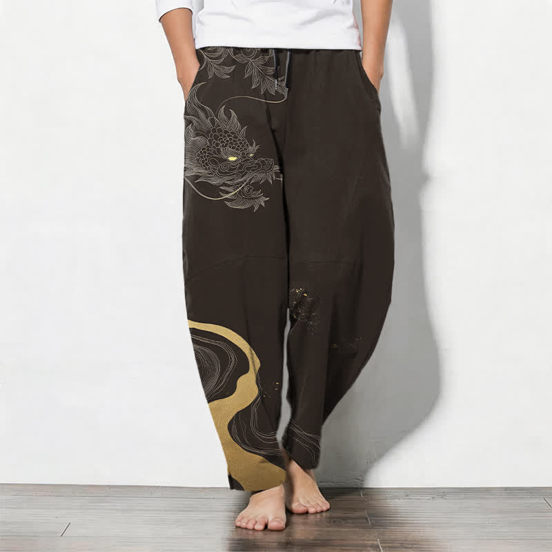 Buddha Stones Pure Cotton Golden Dragon Cloud Wave Pattern Drawstring Men's Tapered Pants With Pockets - SaddleBrown - US/UK/AU50，EU60 (5XL) - image 11