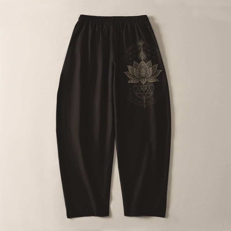 Buddha Stones Pure Cotton Lotus Mandala Geometry Pattern Drawstring Men's Tapered Pants With Pockets - image 3