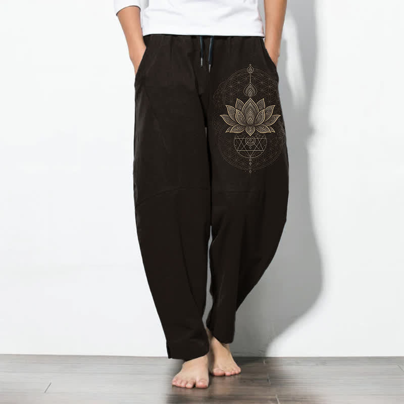 Buddha Stones Pure Cotton Lotus Mandala Geometry Pattern Drawstring Men's Tapered Pants With Pockets - Black - US/UK/AU50，EU60 (5XL) - image 0