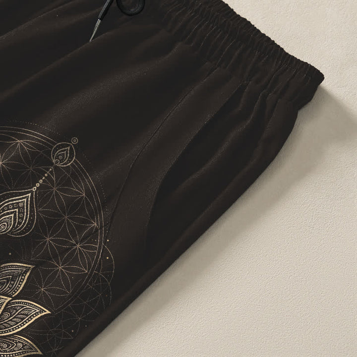 Buddha Stones Pure Cotton Lotus Mandala Geometry Pattern Drawstring Men's Tapered Pants With Pockets - image 4