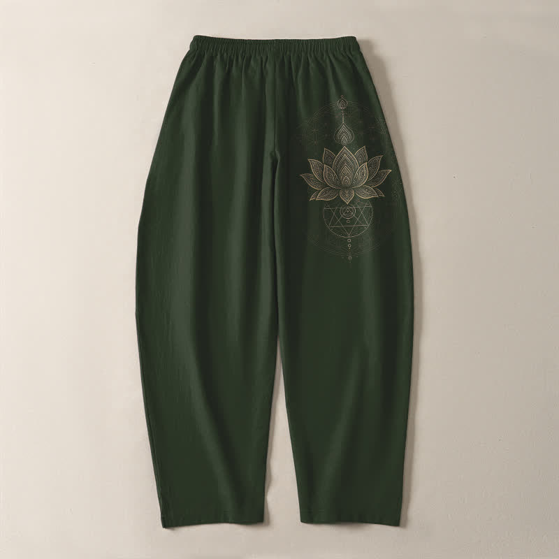 Buddha Stones Pure Cotton Lotus Mandala Geometry Pattern Drawstring Men's Tapered Pants With Pockets - image 10