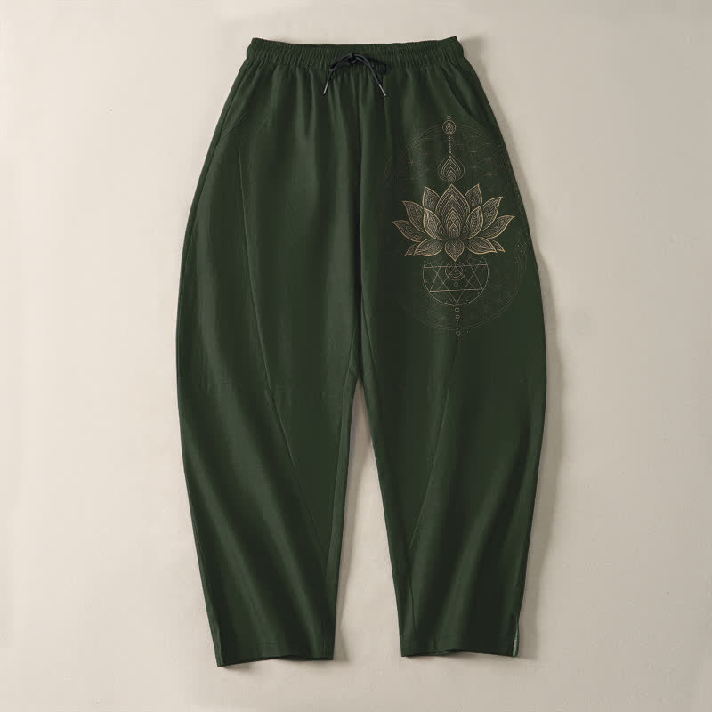 Buddha Stones Pure Cotton Lotus Mandala Geometry Pattern Drawstring Men's Tapered Pants With Pockets - image 9