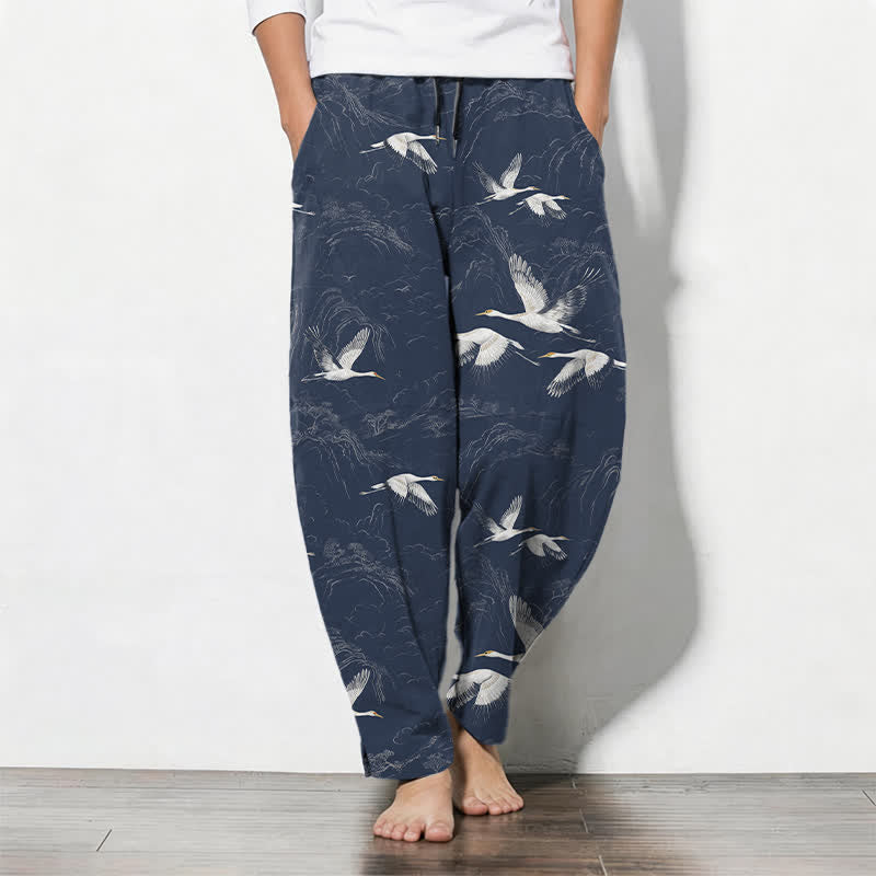 Buddha Stones Pure Cotton White Crane Pine Pattern Drawstring Men's Tapered Pants With Pockets - MidnightBlue - US/UK/AU50，EU60 (5XL) - image 0