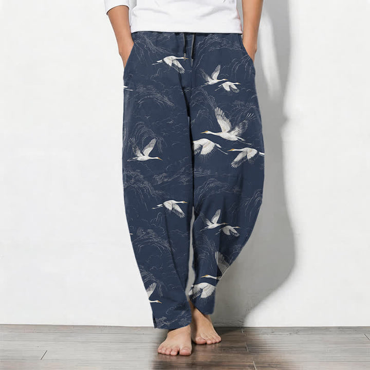Buddha Stones Pure Cotton White Crane Pine Pattern Drawstring Men's Tapered Pants With Pockets - MidnightBlue - US/UK/AU50，EU60 (5XL) - image 0