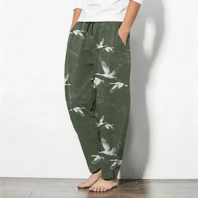 Buddha Stones Pure Cotton White Crane Pine Pattern Drawstring Men's Tapered Pants With Pockets - image 8