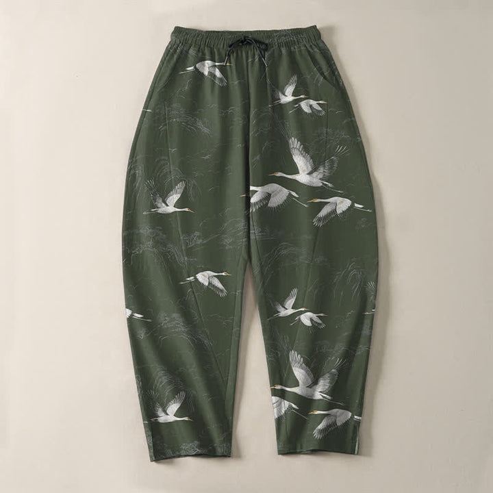 Buddha Stones Pure Cotton White Crane Pine Pattern Drawstring Men's Tapered Pants With Pockets - image 9