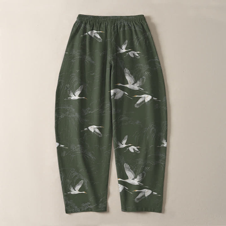Buddha Stones Pure Cotton White Crane Pine Pattern Drawstring Men's Tapered Pants With Pockets - image 10