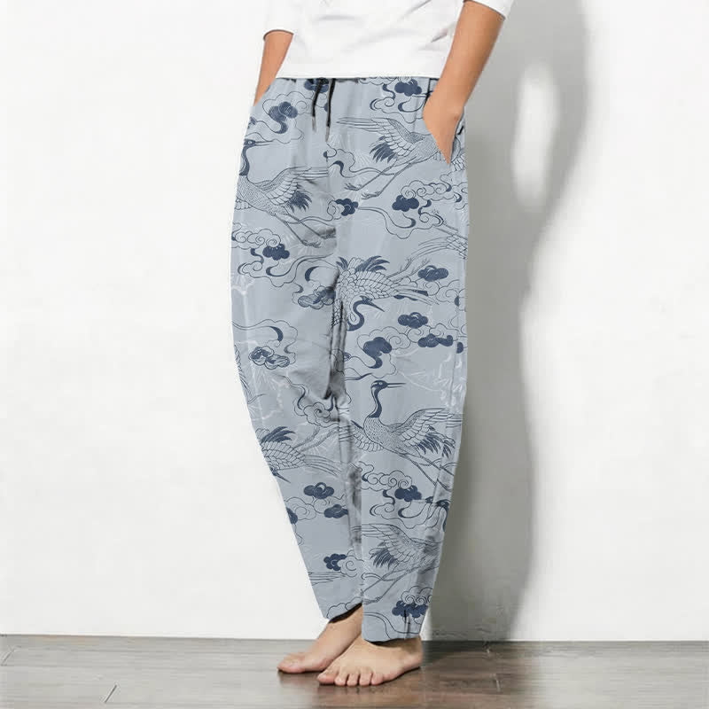 Buddha Stones Pure Cotton Crane Cloud Pattern Drawstring Men's Tapered Pants With Pockets - image 1