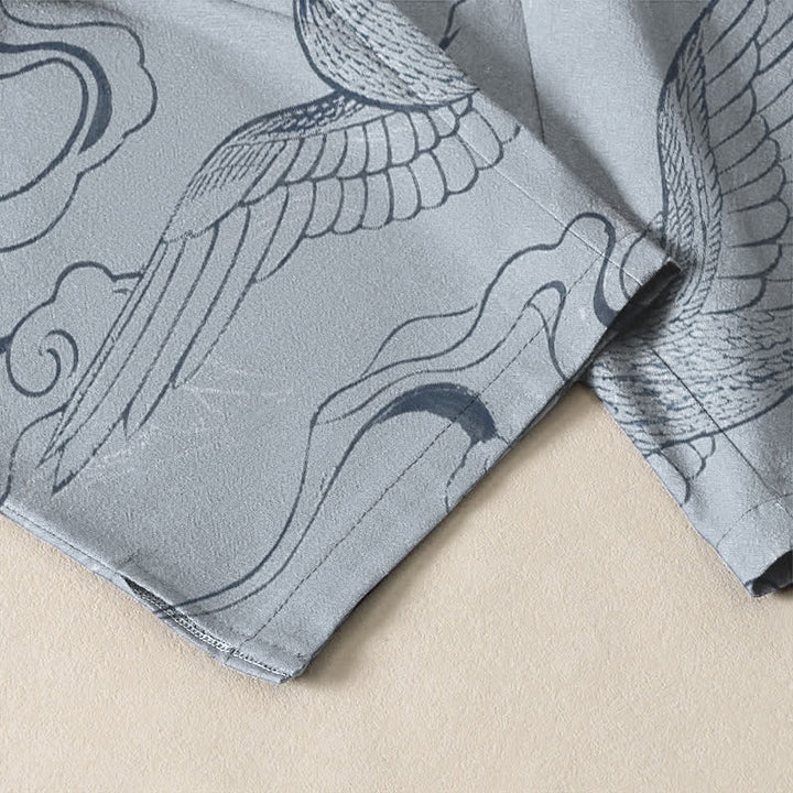 Buddha Stones Pure Cotton Crane Cloud Pattern Drawstring Men's Tapered Pants With Pockets - image 5