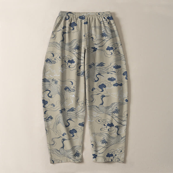 Buddha Stones Pure Cotton Crane Cloud Pattern Drawstring Men's Tapered Pants With Pockets - image 10