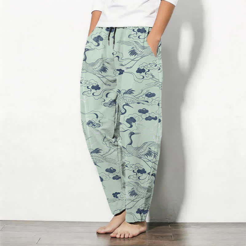 Buddha Stones Pure Cotton Crane Cloud Pattern Drawstring Men's Tapered Pants With Pockets - image 12