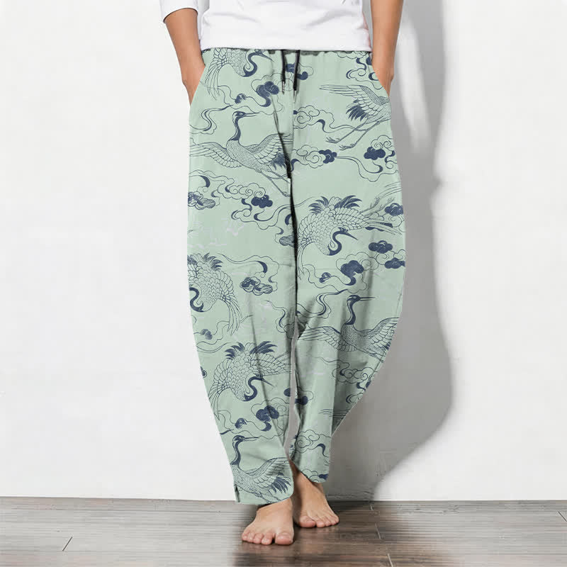 Buddha Stones Pure Cotton Crane Cloud Pattern Drawstring Men's Tapered Pants With Pockets - PaleGreen - US/UK/AU50，EU60 (5XL) - image 11