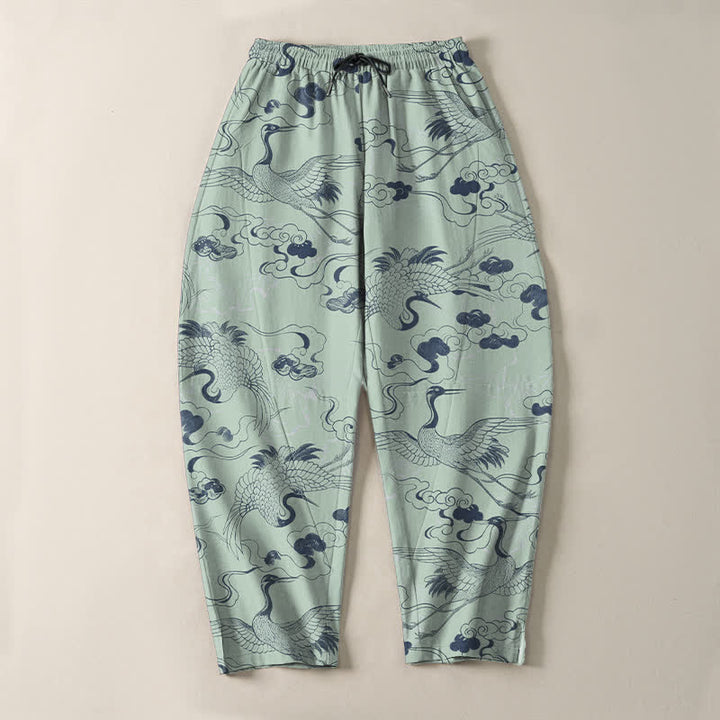 Buddha Stones Pure Cotton Crane Cloud Pattern Drawstring Men's Tapered Pants With Pockets - image 13