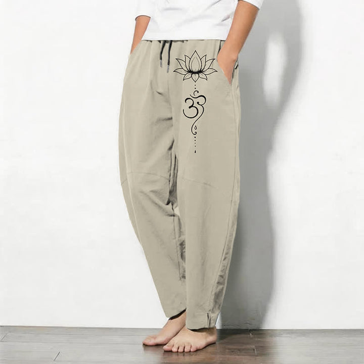 Buddha Stones Pure Cotton Lotus Om Pattern Drawstring Men's Tapered Pants With Pockets - image 1