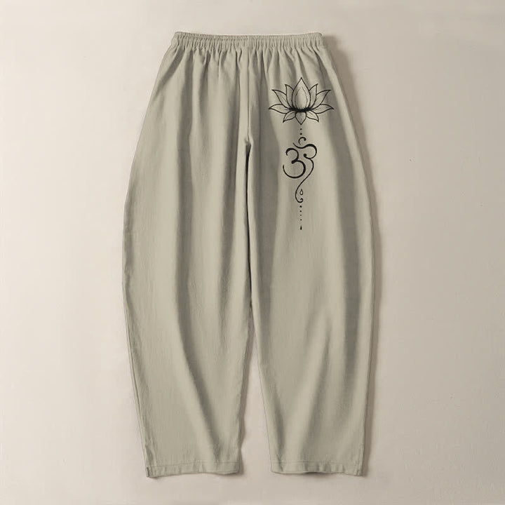 Buddha Stones Pure Cotton Lotus Om Pattern Drawstring Men's Tapered Pants With Pockets - image 3