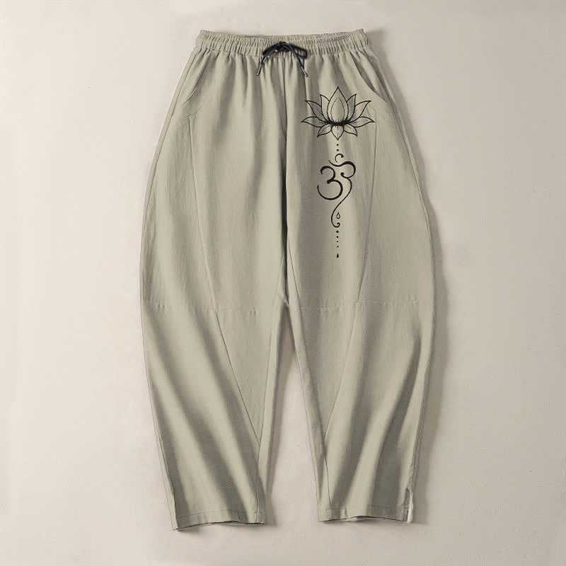 Buddha Stones Pure Cotton Lotus Om Pattern Drawstring Men's Tapered Pants With Pockets - image 2
