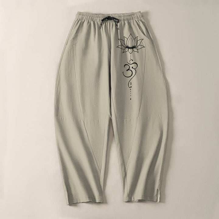 Buddha Stones Pure Cotton Lotus Om Pattern Drawstring Men's Tapered Pants With Pockets - image 2