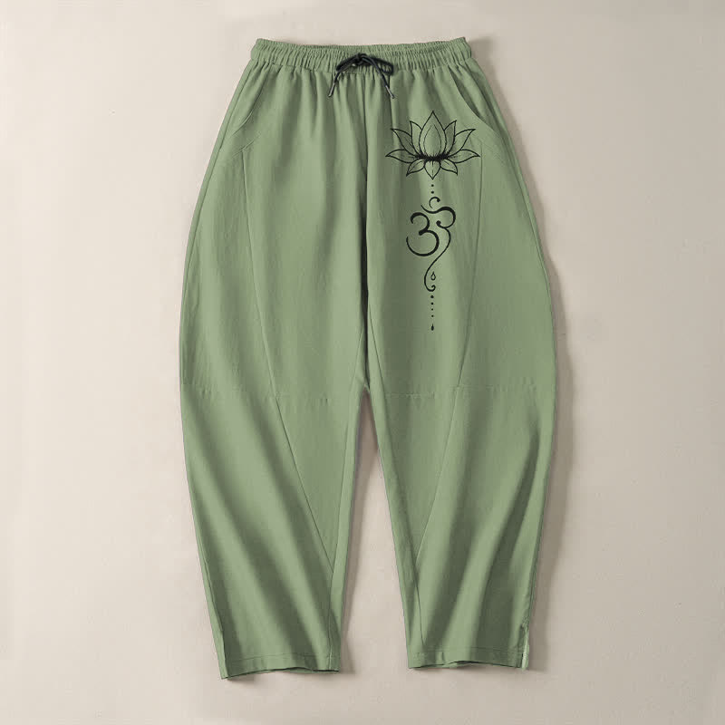 Buddha Stones Pure Cotton Lotus Om Pattern Drawstring Men's Tapered Pants With Pockets - image 9