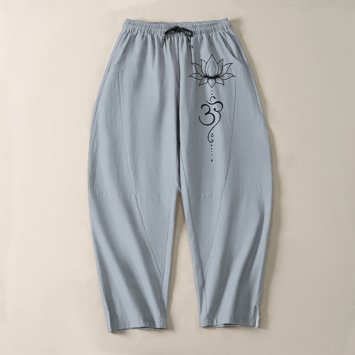 Buddha Stones Pure Cotton Lotus Om Pattern Drawstring Men's Tapered Pants With Pockets - image 13