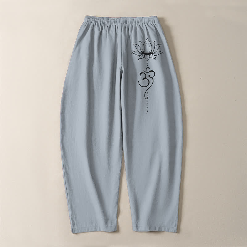 Buddha Stones Pure Cotton Lotus Om Pattern Drawstring Men's Tapered Pants With Pockets - image 14