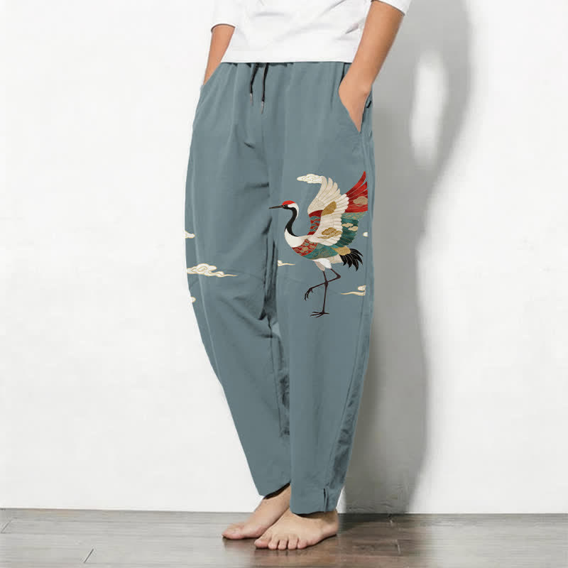 Buddha Stones Pure Cotton Multicolor Crane Cloud Pattern Drawstring Men's Tapered Pants With Pockets - image 1