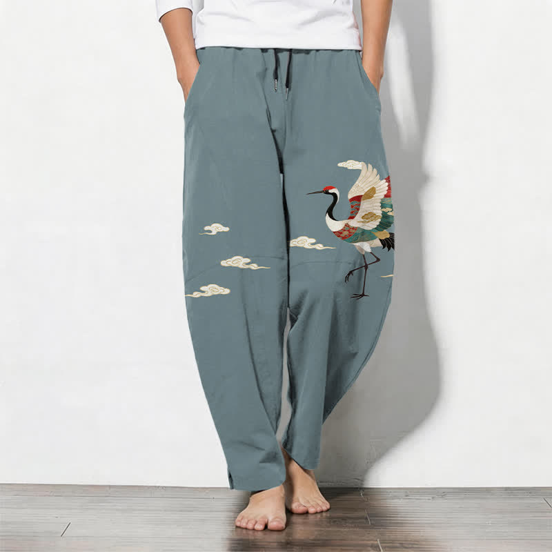 Buddha Stones Pure Cotton Multicolor Crane Cloud Pattern Drawstring Men's Tapered Pants With Pockets - LightBlue - US/UK/AU50，EU60 (5XL) - image 0