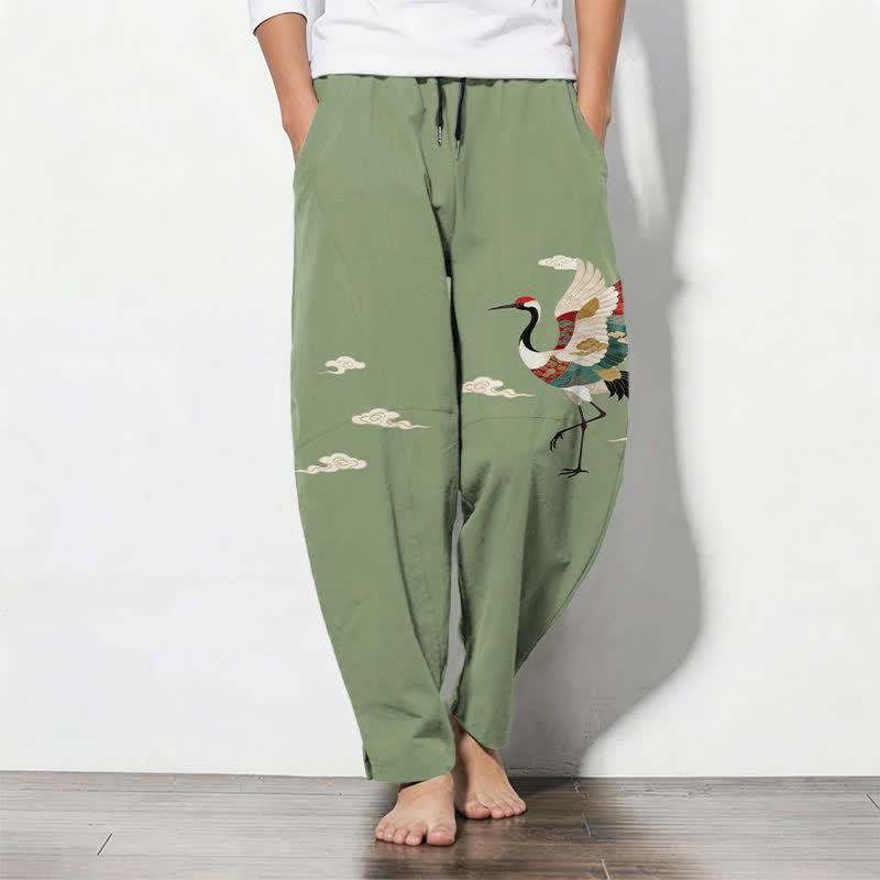 Buddha Stones Pure Cotton Multicolor Crane Cloud Pattern Drawstring Men's Tapered Pants With Pockets - DarkSeaGreen - US/UK/AU50，EU60 (5XL) - image 7