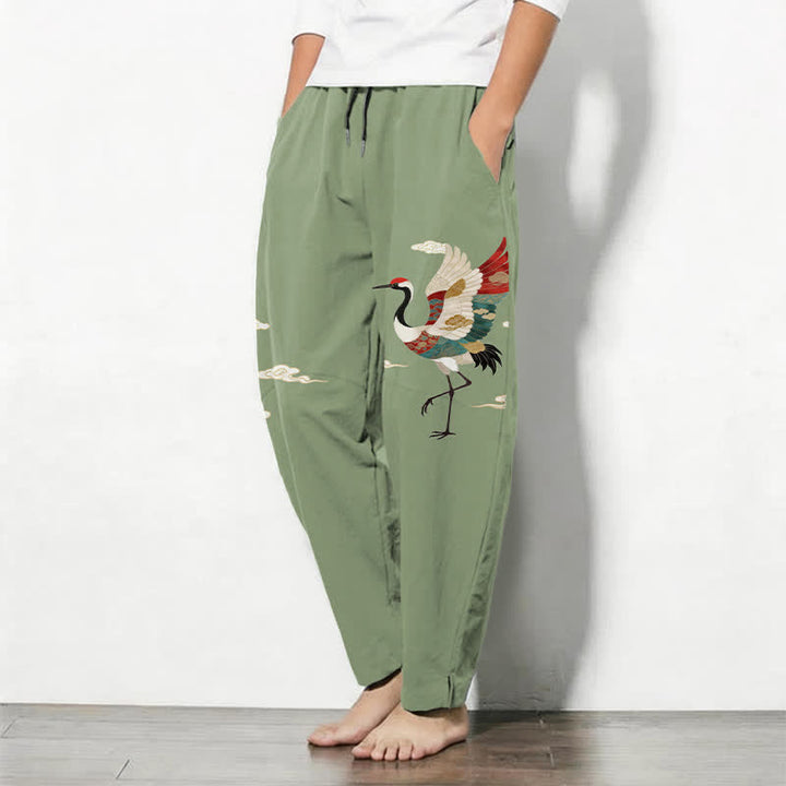 Buddha Stones Pure Cotton Multicolor Crane Cloud Pattern Drawstring Men's Tapered Pants With Pockets - image 8