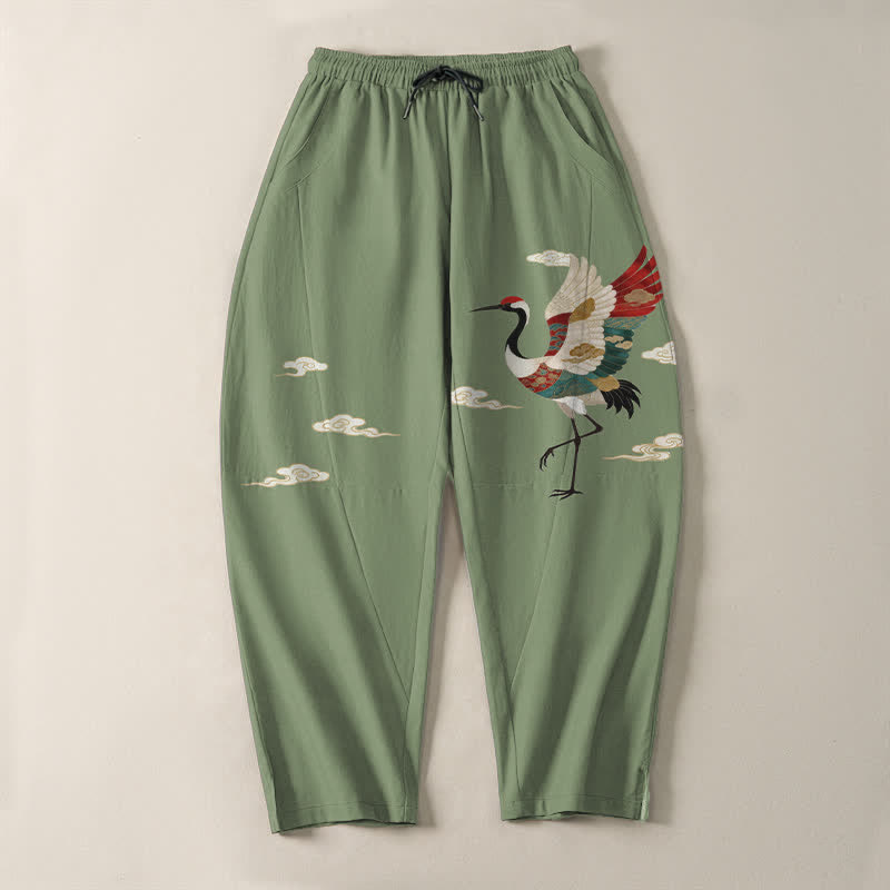 Buddha Stones Pure Cotton Multicolor Crane Cloud Pattern Drawstring Men's Tapered Pants With Pockets - image 9
