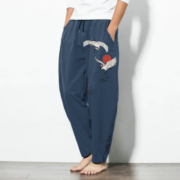 Buddha Stones Pure Cotton Crane Red Sun Pattern Drawstring Men's Tapered Pants With Pockets - image 1