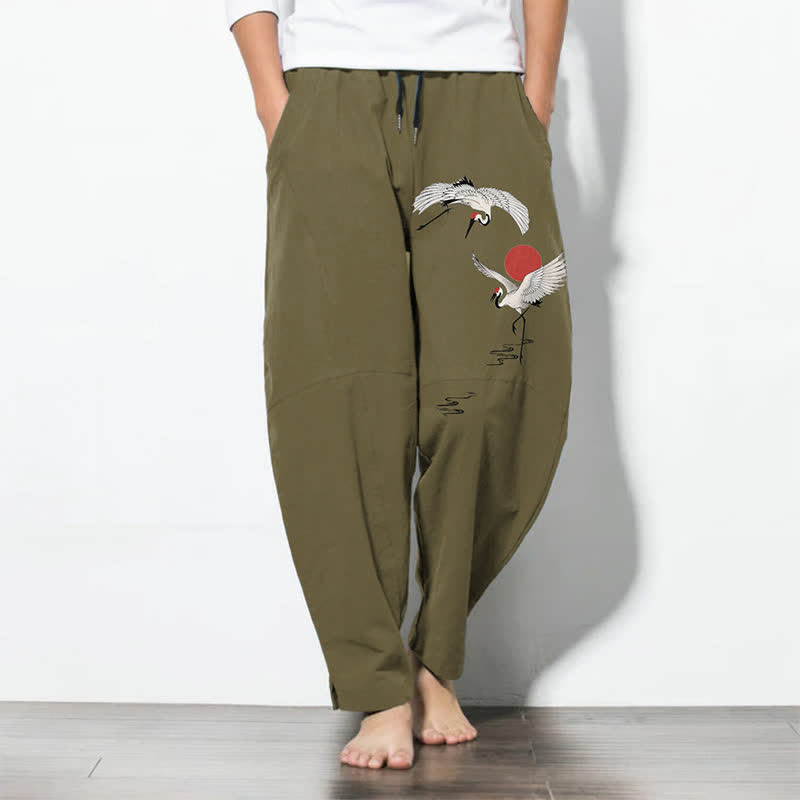 Buddha Stones Pure Cotton Crane Red Sun Pattern Drawstring Men's Tapered Pants With Pockets - Olive - US/UK/AU50，EU60 (5XL) - image 7