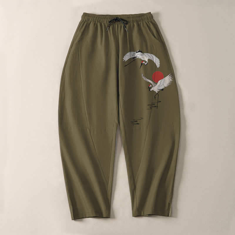 Buddha Stones Pure Cotton Crane Red Sun Pattern Drawstring Men's Tapered Pants With Pockets - image 9