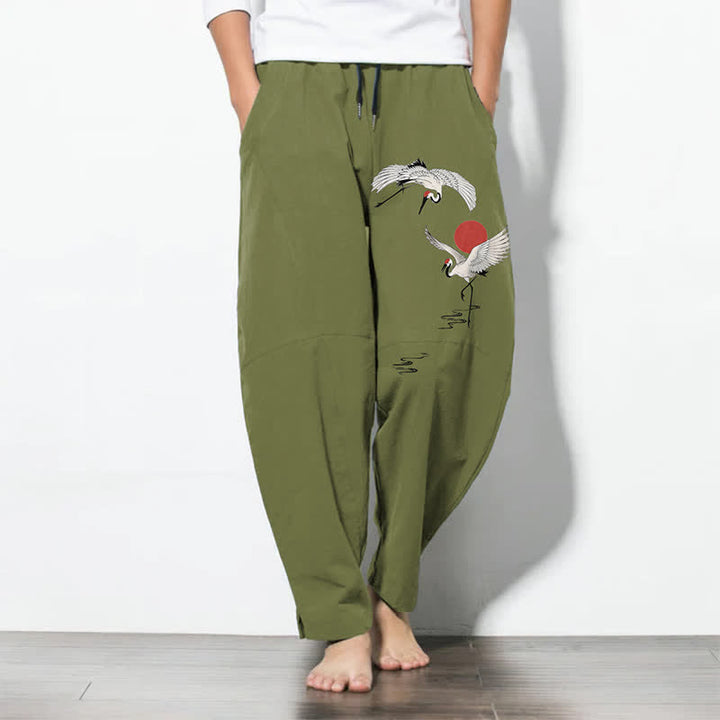 Buddha Stones Pure Cotton Crane Red Sun Pattern Drawstring Men's Tapered Pants With Pockets - OliveDrab - US/UK/AU50，EU60 (5XL) - image 11