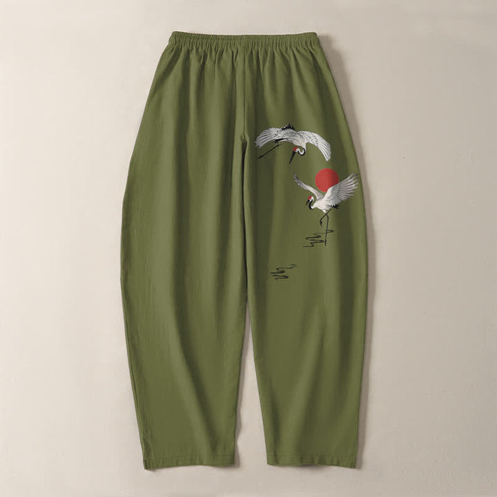 Buddha Stones Pure Cotton Crane Red Sun Pattern Drawstring Men's Tapered Pants With Pockets - image 14