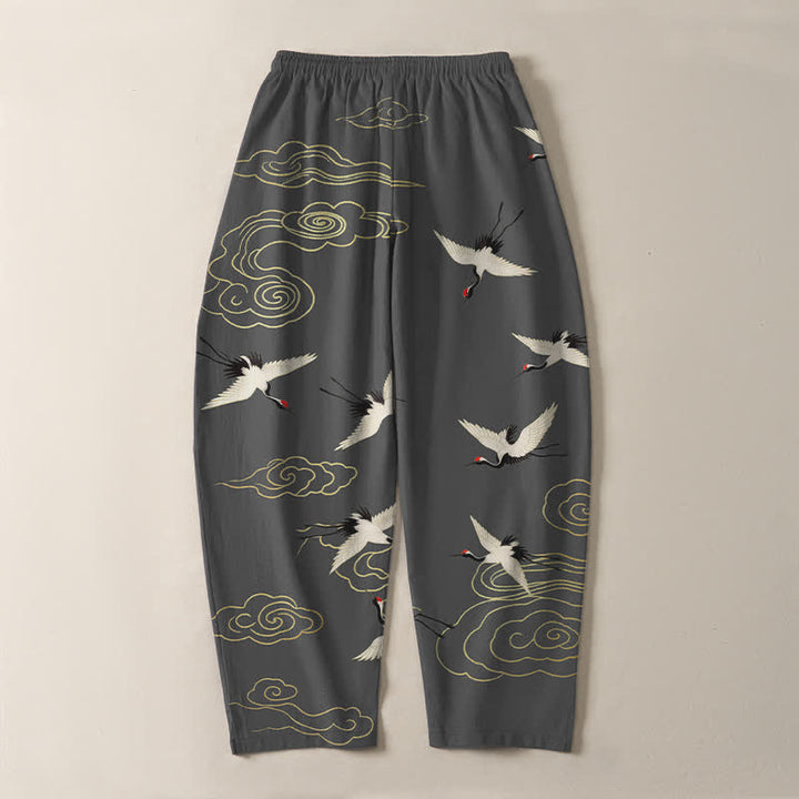 Buddha Stones Pure Cotton White Red-crowned Crane Clouds Pattern Drawstring Men's Tapered Pants With Pockets - image 3