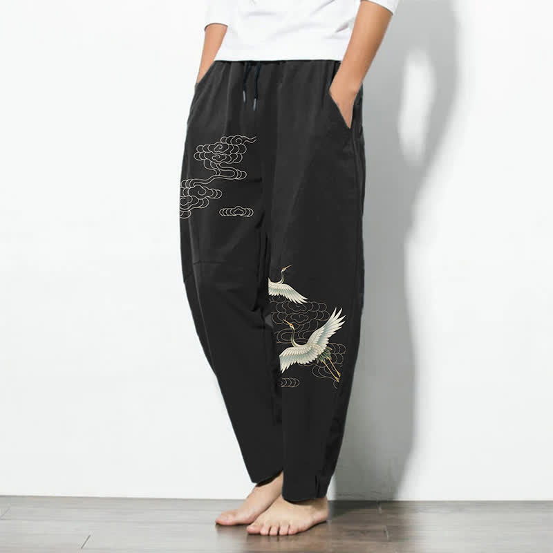 Buddha Stones Pure Cotton White Crane Clouds Pattern Drawstring Men's Tapered Pants With Pockets - image 1