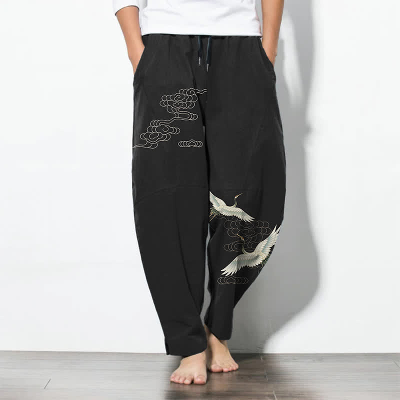 Buddha Stones Pure Cotton White Crane Clouds Pattern Drawstring Men's Tapered Pants With Pockets - Black - US/UK/AU50，EU60 (5XL) - image 0
