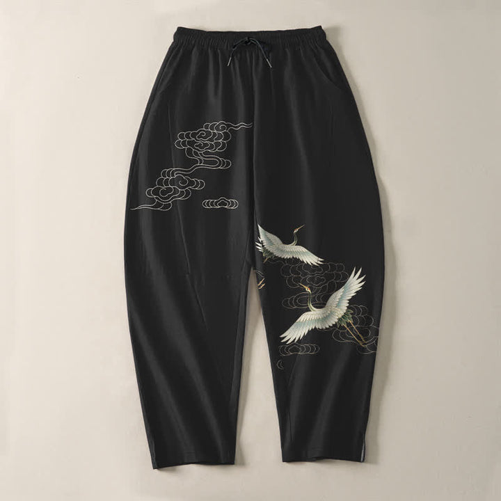 Buddha Stones Pure Cotton White Crane Clouds Pattern Drawstring Men's Tapered Pants With Pockets - image 2