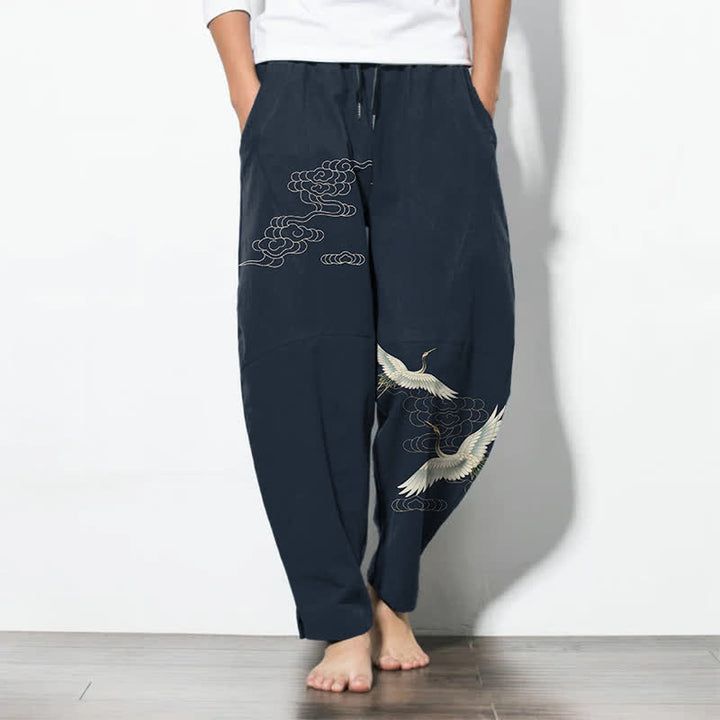 Buddha Stones Pure Cotton White Crane Clouds Pattern Drawstring Men's Tapered Pants With Pockets - Navy - US/UK/AU50，EU60 (5XL) - image 7