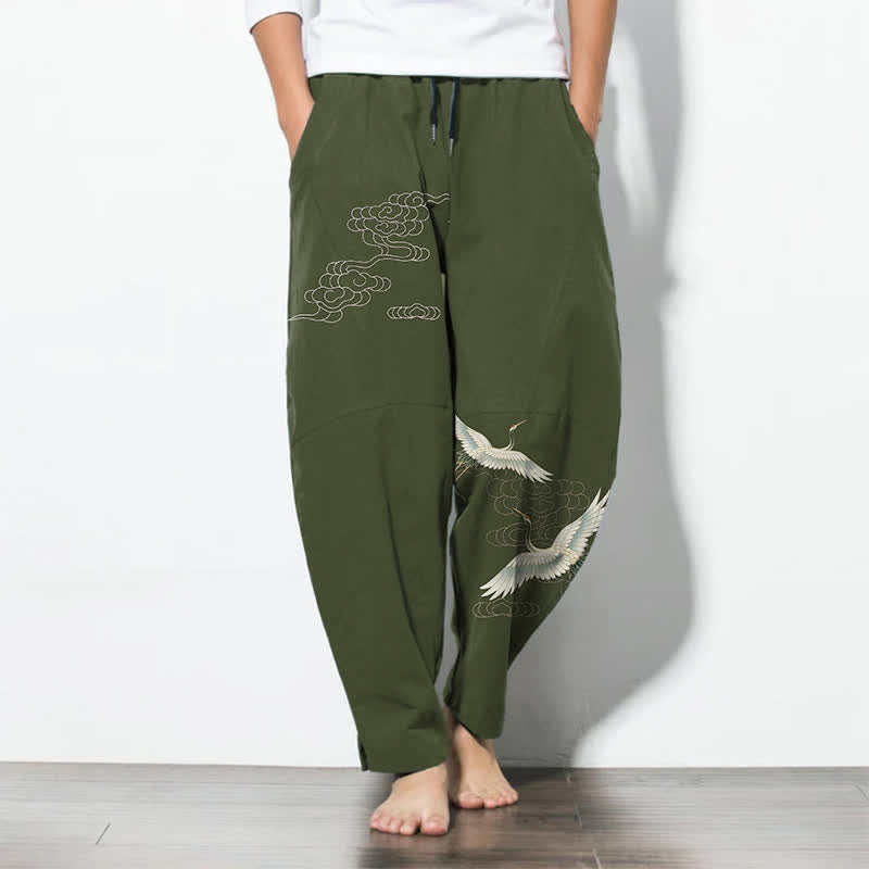 Buddha Stones Pure Cotton White Crane Clouds Pattern Drawstring Men's Tapered Pants With Pockets - DarkOliveGreen - US/UK/AU50，EU60 (5XL) - image 11
