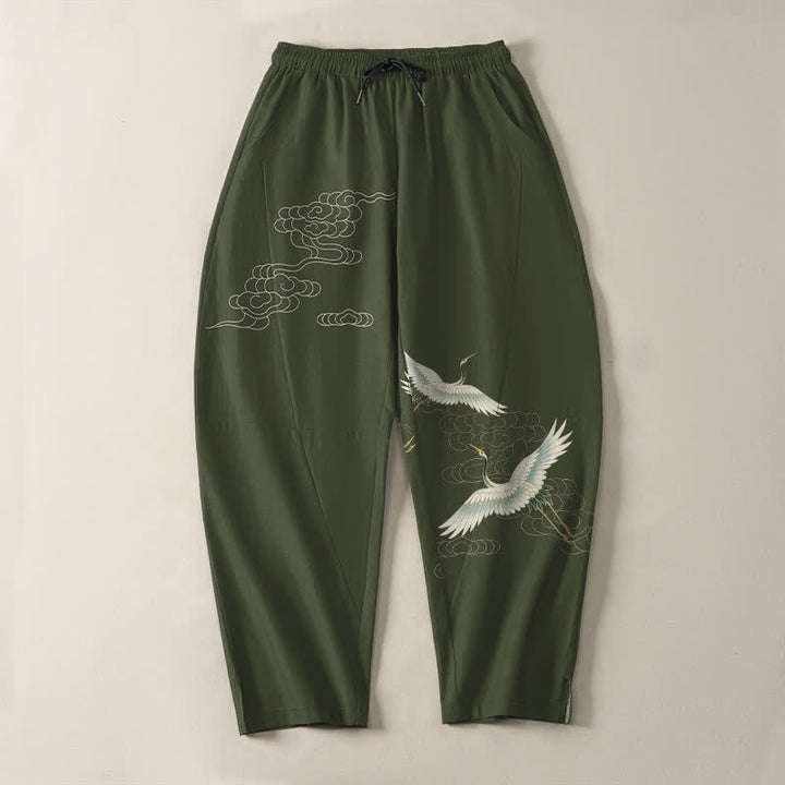 Buddha Stones Pure Cotton White Crane Clouds Pattern Drawstring Men's Tapered Pants With Pockets - image 13