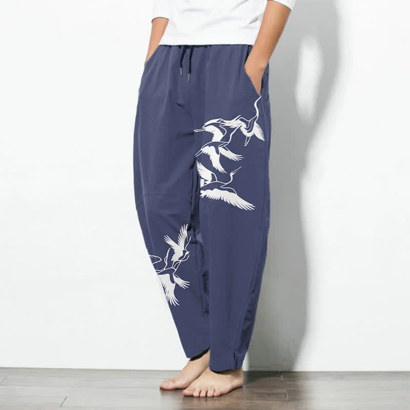 Buddha Stones Pure Cotton Flying Crane Pattern Drawstring Men's Tapered Pants With Pockets - image 1